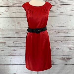 AGB Dress red black beaded belt petite pleat top